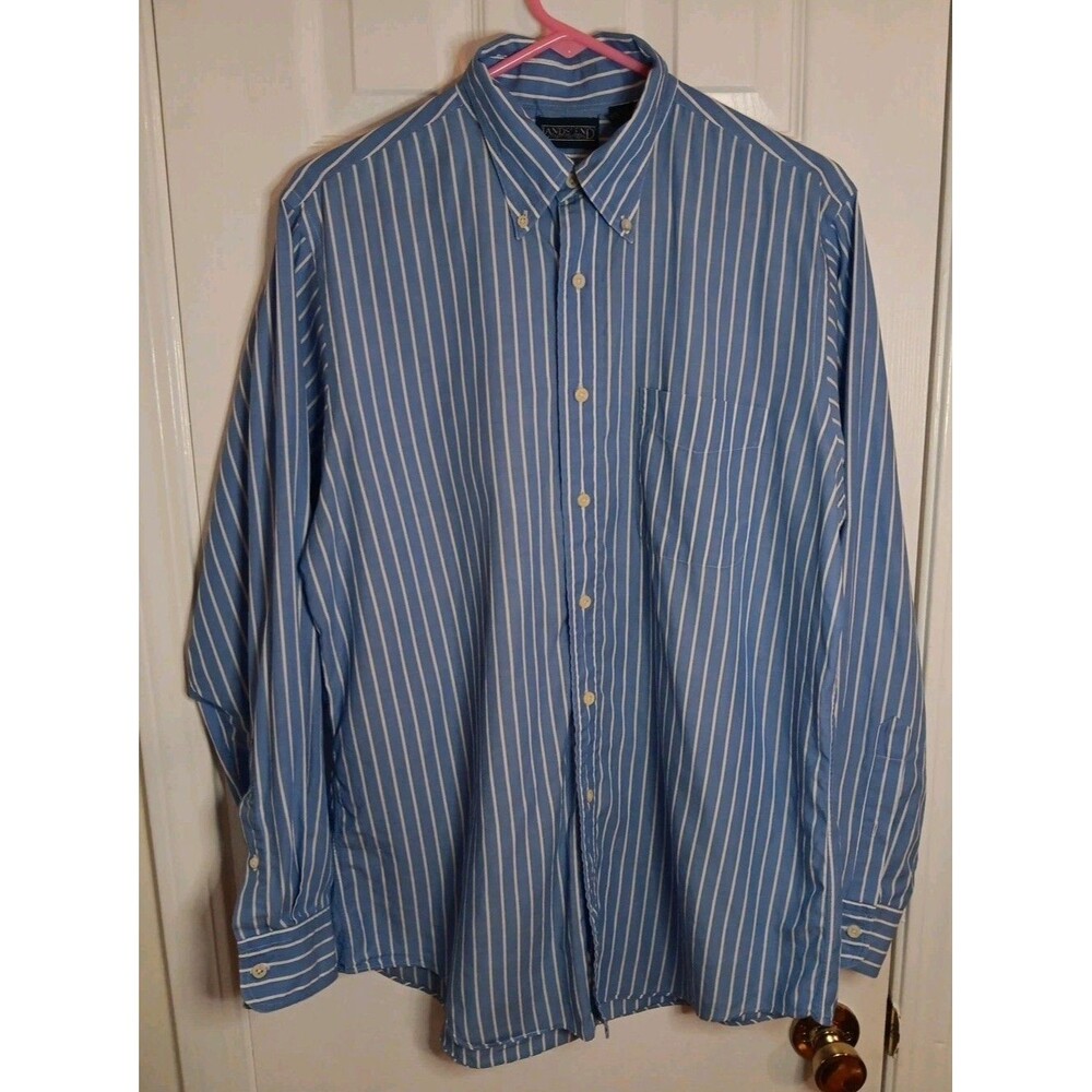 Mens Lands End Blue And White Pinstripe Long Sleeve Shirt Button-Down L 16/34